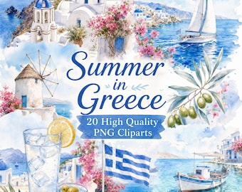 May include: A watercolour digital art collection titled Summer in Greece featuring 20 high quality PNG cliparts. The imagery includes white buildings with blue domes, a sailboat, a windmill, a Greek flag, olive branches, and a glass of lemonade.