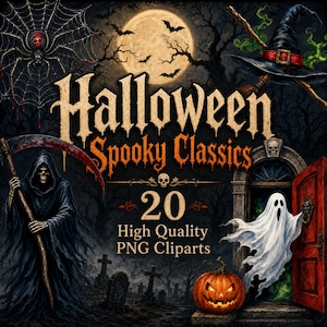 Könnte beinhalten: Eine digitale Grafik mit dem Text Halloween Spooky Classics 20 High Quality PNG Cliparts. Die Szene zeigt einen Sensenmann mit Sense, einen weißen Geist, einen Kürbiskopf, einen Hexenhut, ein Spinnennetz und einen Vollmond im Hintergrund.