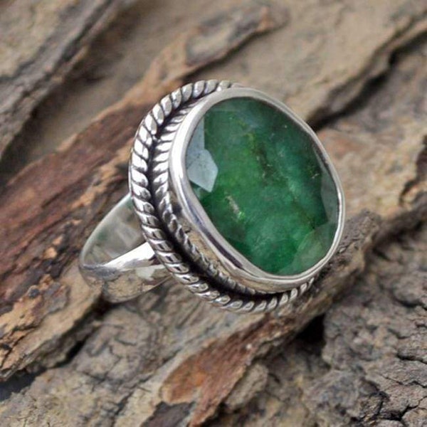 Emerald Stone Ring, 925 Sterling Silver Ring, Handmade Ring, Statement Ring, Gift for Her, Silver Rings For Woman's