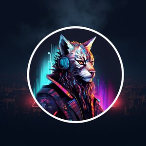Puede incluir: Una ilustración digital de un gato con auriculares y una chaqueta, con un fondo de ciudad de neón.