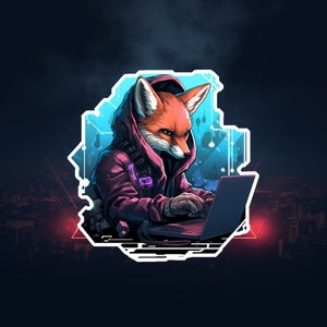 May include: A digital illustration of a fox wearing a pink hoodie and using a laptop. The fox is sitting in front of a blue and purple background with a cityscape in the distance.