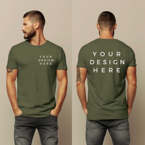 Men's Front and Back Bella Canvas 3001 Military Green Mockup, Backside Mockup, Front Back Mockup 3001, White T Shirt Mock Up, Male Mockup
