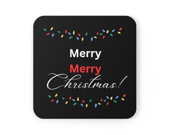 Może przedstawiać: Czarna kwadratowa karta z białym tłem i tekstem "Merry Merry Christmas!" w białym i czerwonym kolorze. Karta jest ozdobiona obramowaniem z kolorowych światełek.
