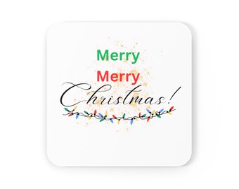 Peut inclure: Sous-verre carré blanc avec le texte "Merry Merry Christmas!" en écriture cursive noire. Le texte est entouré d'une guirlande de lumières de Noël colorées et de paillettes dorées.