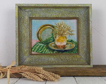 Peinture à l'huile tableau bouquet de blé vintage peintre Française