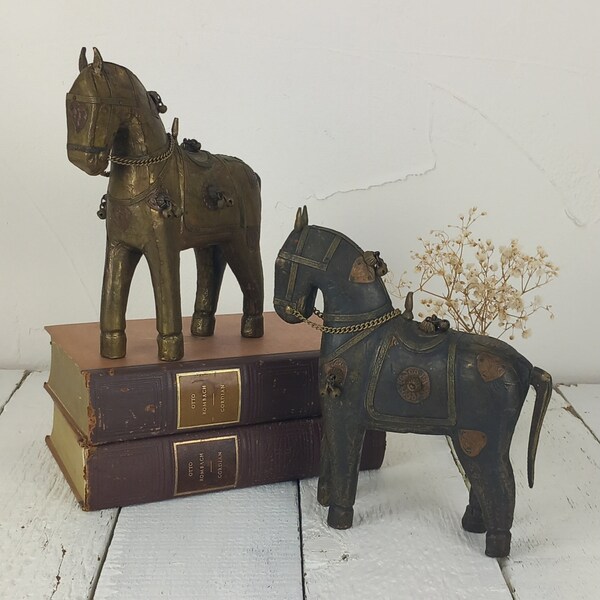 Sculptures de chevaux en bois et laiton, chevaux, décoration, vintage