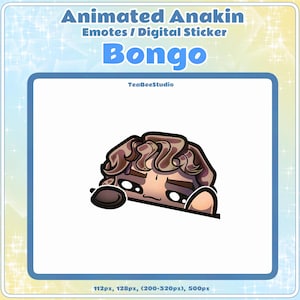 Op de afbeelding: Geanimeerde digitale sticker met een stripfiguur met bruin haar en een neutrale uitdrukking, die over een rand kijkt. De sticker is gelabeld "Bongo" en bevat de tekst "Animated Anakin Emotes / Digital Sticker."