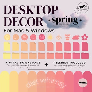 Könnte beinhalten: Ein digitales Desktop-Dekorationspaket für Mac und Windows mit über 180 Elementen, darunter Symbole, Ordner und Dateien in einem Farbverlauf von Gelb, Orange und Pink. Der Text lautet DESKTOP DECOR spring, DIGITAL DOWNLOADS und FREEBIES INCLUDED.