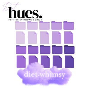 Op de afbeelding: Een set van 24 map-iconen in verschillende tinten paars, gerangschikt in een raster. De iconen zijn gelabeld "diet.whimsy colorways without compromise."