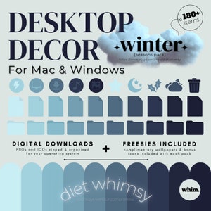 Könnte beinhalten: Ein digitales Desktop-Dekorationspaket für Mac und Windows mit über 180 winterlichen Elementen. Enthält blau getönte Symbole, Dateiordner und Dokumentgrafiken in verschiedenen Schattierungen von Hellblau bis Dunkelmarineblau mit Text.