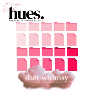 May include: A graphic design for a software program called "Diet Hues" for Mac, Windows, and Linux. The design features a cloud with the text "diet.whimsy" and the tagline "colorways without compromise." The cloud is surrounded by a grid of 24 pink and red squares.