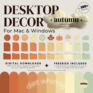 Könnte beinhalten: Ein digitales Desktop-Dekorationspaket für Mac und Windows mit über 180 herbstlichen Elementen. Enthält verschiedene Datei-, Ordner- und Dokumentsymbole in Orange-, Gelb- und Grüntönen sowie digitale Hintergrundbilder und zusätzliche Symbole.
