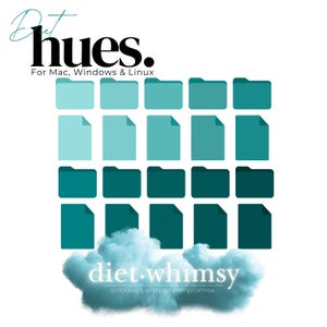 May include: A graphic design for a color palette called "diet.whimsy" with the tagline "colorways without compromise". The design features a grid of 24 teal and turquoise squares.