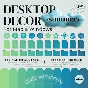 Könnte beinhalten: Ein digitales Desktop-Dekorationspaket für Mac und Windows mit über 180 Elementen, darunter Symbole, Dateiordner und Dokumentgrafiken in einem Farbverlauf von Grün- und Blautönen. Der Text lautet DESKTOP DECOR und summer.