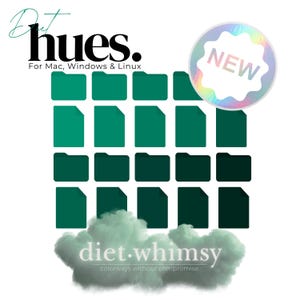 Op de afbeelding: Een afbeelding met de tekst "Diet hues" en "For Mac, Windows & Linux". Het bevat een raster van groene mapiconen in verschillende tinten, een "NEW" sticker en de tekst "diet.whimsy colorways without compromise."