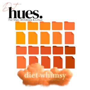 Può includere: Una tavolozza di colori digitale con 18 diverse tonalità di arancione e rosso. La tavolozza è etichettata "diet.whimsy colorways without compromise". Il testo "Diet hues. For Mac, Windows & Linux" è nella parte superiore dell'immagine.
