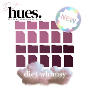 Op de afbeelding: Afbeelding met roze en paarse map-pictogrammen, met de tekst "Diet hues. For Mac, Windows & Linux." Een "NIEUW" sticker staat rechtsboven, en de tekst "diet.whimsy colorways without compromise" staat onderaan.