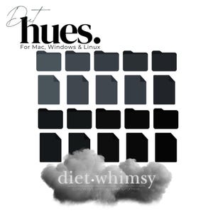 Op de afbeelding: Een zwart-witte afbeelding van een mapicoon met de tekst "Diet Hues" en "For Mac, Windows & Linux" erboven. Onder het mapicoon staat de tekst "diet.whimsy" en "colorways without compromise."