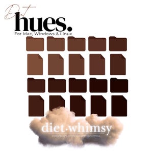 Op de afbeelding: Kleurenpalet Diet Hues voor Mac, Windows en Linux. Het palet bevat 24 bruintinten in een rasterformaat. De tekst "diet.whimsy" wordt onder het raster weergegeven met de tagline "colorways without compromise."