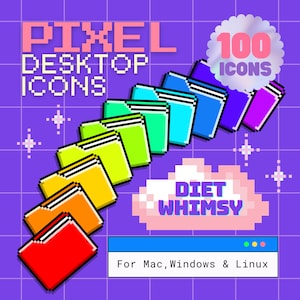 May include: A set of 100 pixelated folder icons in a rainbow color scheme. The icons are arranged in a curved line, with the red folder at the bottom and the purple folder at the top. The text "DIET WHIMSY" is in a pink cloud shape. The text "PIXEL DESKTOP ICONS" is in pink letters. The text "100 ICONS" is in a circle with a rainbow gradient. The text "For Mac, Windows & Linux" is in a blue window.