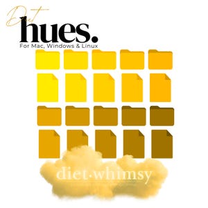 Op de afbeelding: Een afbeelding met de tekst "hues" en "For Mac, Windows & Linux". De afbeelding toont een raster van gele en bruine mapiconen, met de tekst "diet-whimsy" en "colorways without compromise" onderaan.