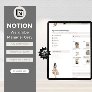 Notion Wardrobe Manager Gray, Notion Template Outfit Planning, Notion Planner, Notion Dashboard, Notion Outfit Planner