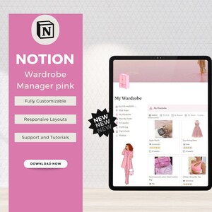 Notion Wardrobe Manager Pink, Notion Template Outfit Planning, Notion Planner, Notion Dashboard, Notion Outfit Planner, Aesthetic Notion