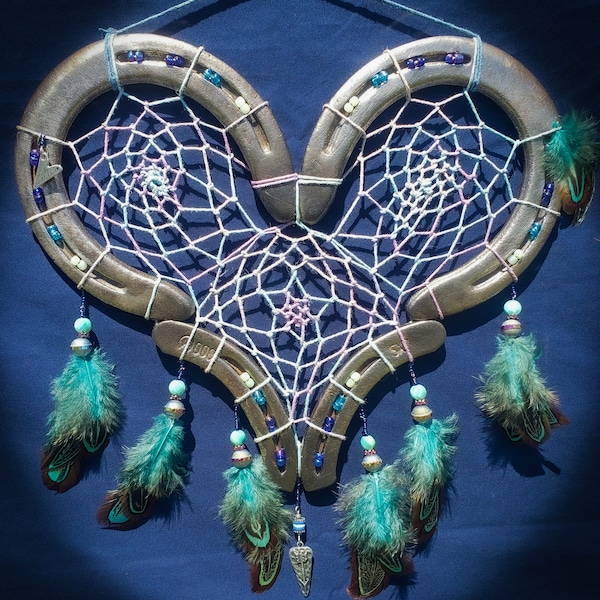 Heart-Shaped Horseshoe Dreamcatcher - Blue Arrowhead