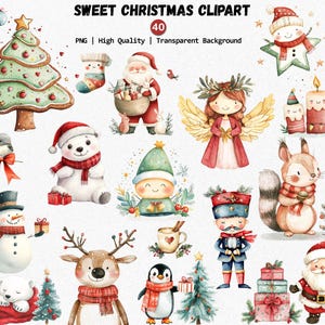 May include: A collection of watercolor Christmas clipart featuring various festive characters and elements. Includes Santa Claus, a snowman, a polar bear, an angel, a squirrel, a reindeer, a penguin, and a nutcracker. The text "SWEET CHRISTMAS CLIPART" is at the top.