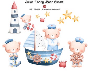 Little Sailor Teddy Bear Clipart, Watercolor Sailor Baby Bear, Nautical Clipart, Cute Birthday PNG, Nursery Clipart