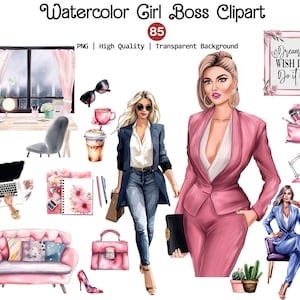 Watercolor Girl Boss Clipart, Unique Business Woman PNG, Lady Boss Clipart, Pink Office Graphics, Home Office PNG