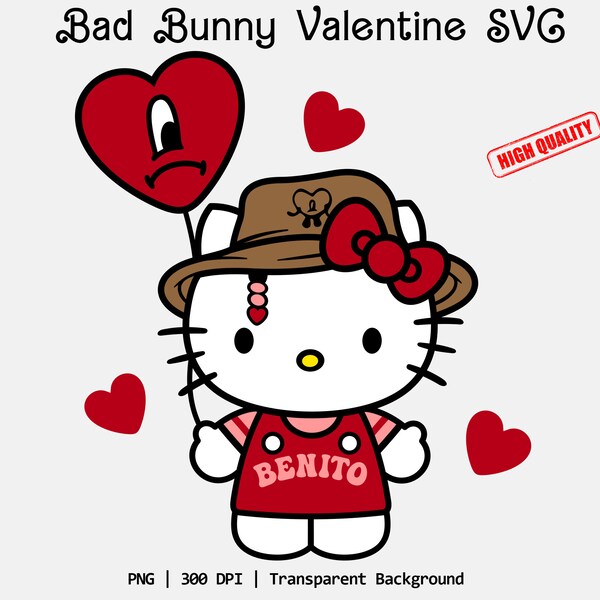 Bad Bunny Svg, Valentine Benito Kitty Svg, Valentine Cat Png, Cute Kitty Cricut, Silhouette Vector Cut File