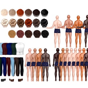 May include: A digital illustration of 10 men wearing navy blue swim trunks. The men are standing in a row, with their arms around each other. The men have different skin tones and hairstyles.