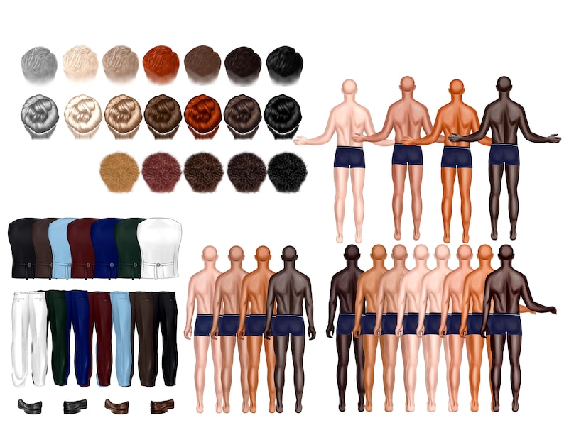 May include: A digital illustration of 10 men wearing navy blue swim trunks. The men are standing in a row, with their arms around each other. The men have different skin tones and hairstyles.