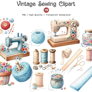 Vintage Sewing Clipart, Unique Sewing Kit Images, Sewing Machines Clipart, Seamstress Png, Shabby Chic, Instant Download