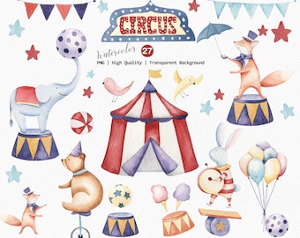 Watercolor Circus Clipart, Unique Carnival Illustrations, Cute Circus Animals PNG, Birthday Party
