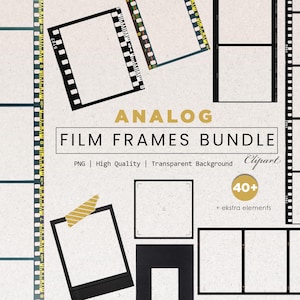 Op de afbeelding: Een verzameling analoge filmframes en elementen in verschillende vormen en maten. Het ontwerp omvat filmstrips, vierkante frames en een Polaroid-stijl frame. De tekst "ANALOG FILM FRAMES BUNDLE" wordt weergegeven.