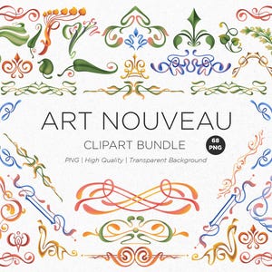 Puede incluir: Una colección digital de imágenes prediseñadas Art Nouveau que incluye 68 archivos PNG individuales. El conjunto presenta varios adornos decorativos, detalles para esquinas y bordes ornamentados en tonos rojo, naranja, verde y azul.