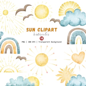 May include: Watercolor sun clipart set featuring various sun designs, clouds, rainbows, and birds in shades of yellow, blue, and brown. The text "SUN CLIPART Watercolor" is displayed.