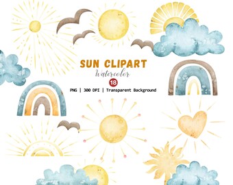 Watercolor Sun Clipart, Unique Suns Png, Sunshine Clipart, Rainbow Png, Summer Clouds & Birds Clipart, Sky Elements