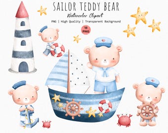 Watercolor Sailor Teddy Bear Clipart, Nautical PNG (Digital Download)