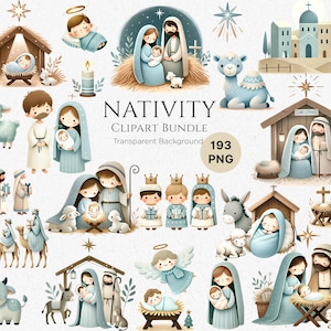 Christmas Nativity Clipart, Holy Family Manger Scene Set, Unique Christian Christmas PNG Bundle
