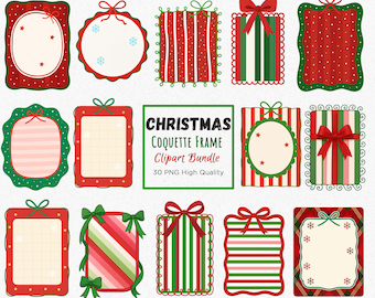 Può includere: Una collezione di cornici e design di scatole regalo a tema natalizio in rosso, verde e bianco. I disegni includono fiocchi, strisce, pois e bordi smerlati. È presente anche il testo "CHRISTMAS COQUETTE FRAME Clipart Bundle".