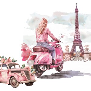 May include: A watercolor illustration of a pink scooter with a woman riding it in front of the Eiffel Tower. The scooter has a floral design on the front and a pink car with flowers on the roof is in the foreground.