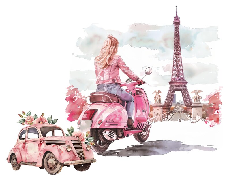 May include: A watercolor illustration of a pink scooter with a woman riding it in front of the Eiffel Tower. The scooter has a floral design on the front and a pink car with flowers on the roof is in the foreground.