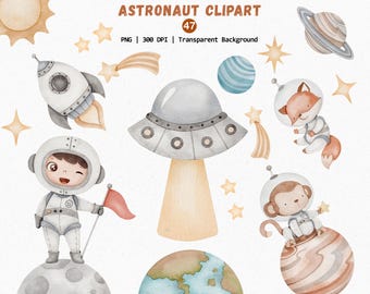 Watercolor Astronaut Clipart, Space Nursery PNG (Digital Download)