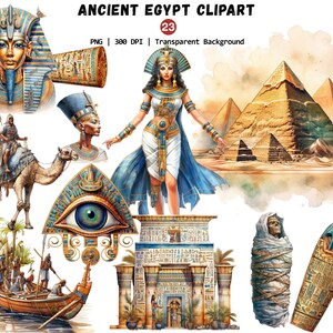 May include: Watercolor illustrations of Ancient Egypt. The image includes depictions of pharaohs, pyramids, a boat, and other Egyptian symbols. The color palette features gold, blue, and brown tones, creating a historical and artistic theme.