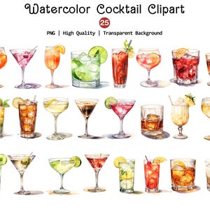 Clipart Cocktail Acquerello, Pacchetto Cocktail Unico, Clipart Whisky, PNG Cocktail di Nozze, Clipart Alcol, Download Istantaneo