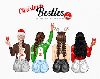 Christmas Best Friends Clipart, Unique Christmas Girls PNG, Besties Holiday Illustration