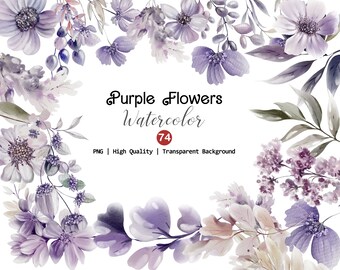 Watercolor Purple Flowers Clipart, Unique Flowers PNG, Purple Floral Clip Art, Watercolor Floral, High Quality Spring Flowers